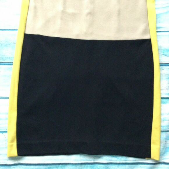 Ann Taylor Womens Dress size Medium Petite Tan Black Yellow Sheath Soft Stretch - Picture 6 of 12
